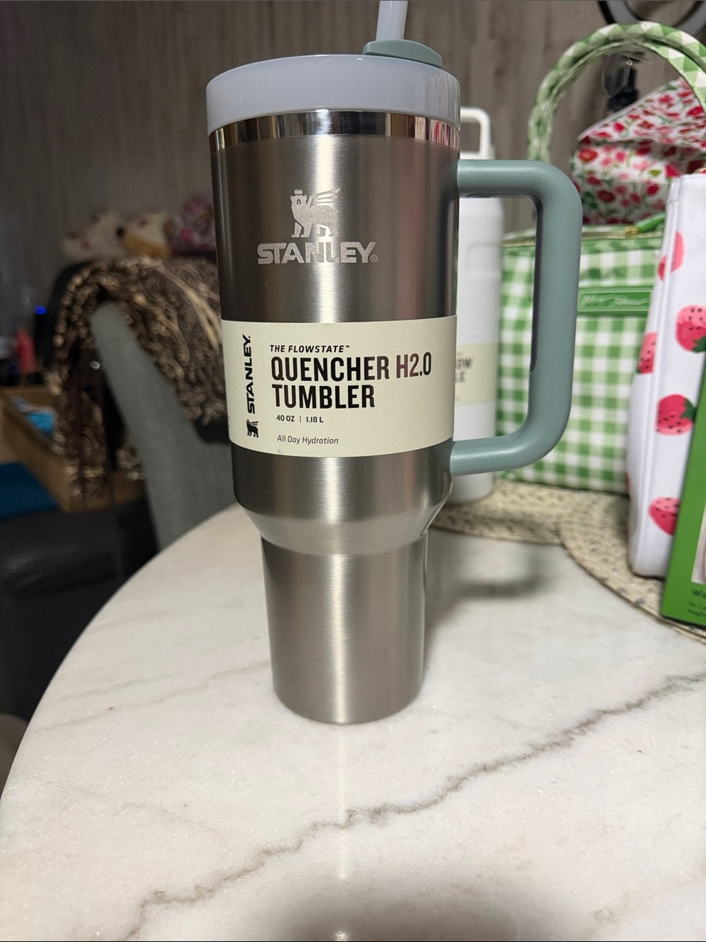 Stanley Stainless Steel Tumbler with Sage Handle and White Lid
